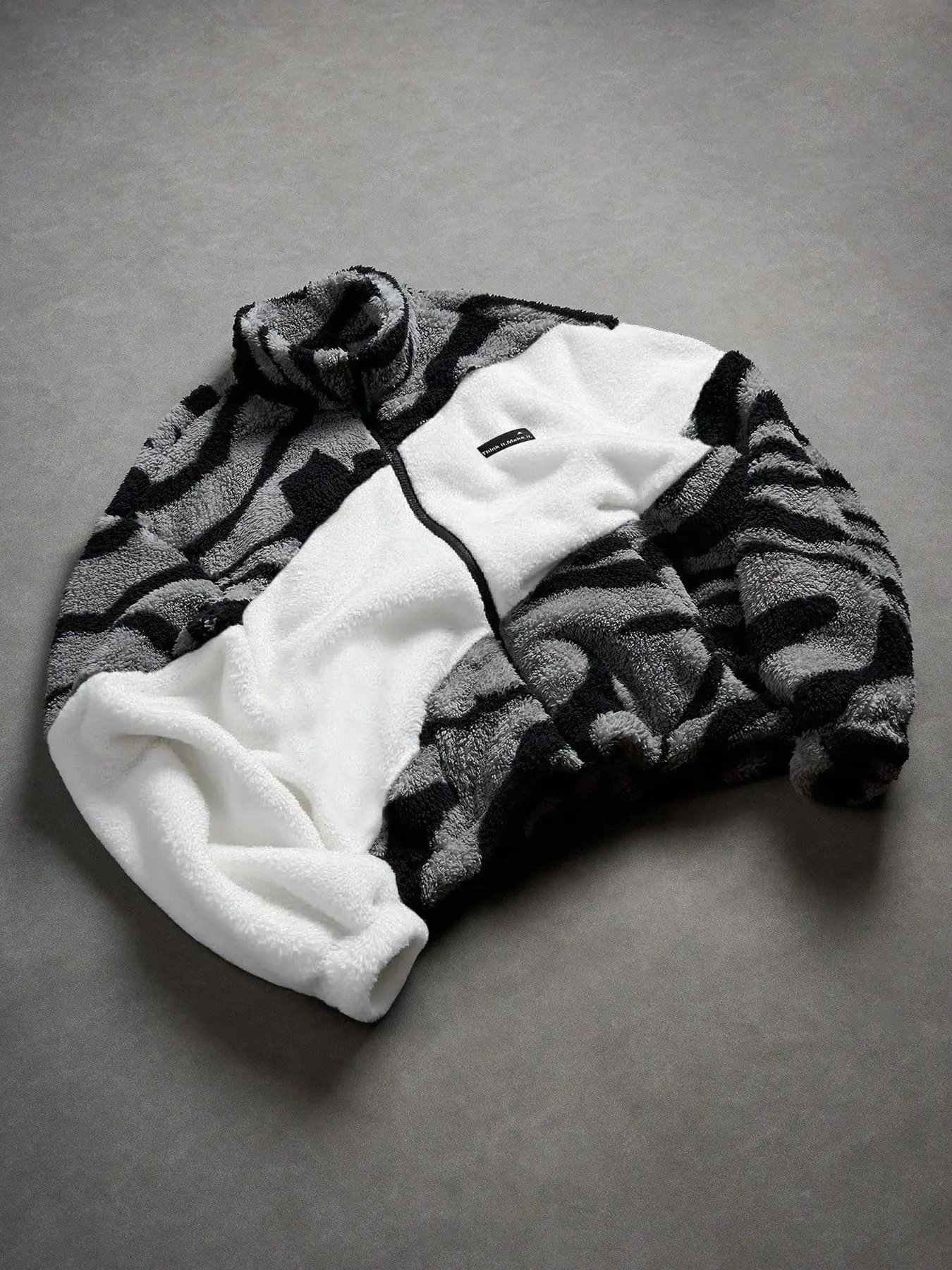Men's Zebra Print Colorblock Fleece Jacket, Stand Collar Zipper Warm Teddy Fleece Top, Ideal for Outdoor Daily Casual Wear, Streetwear Outerwear