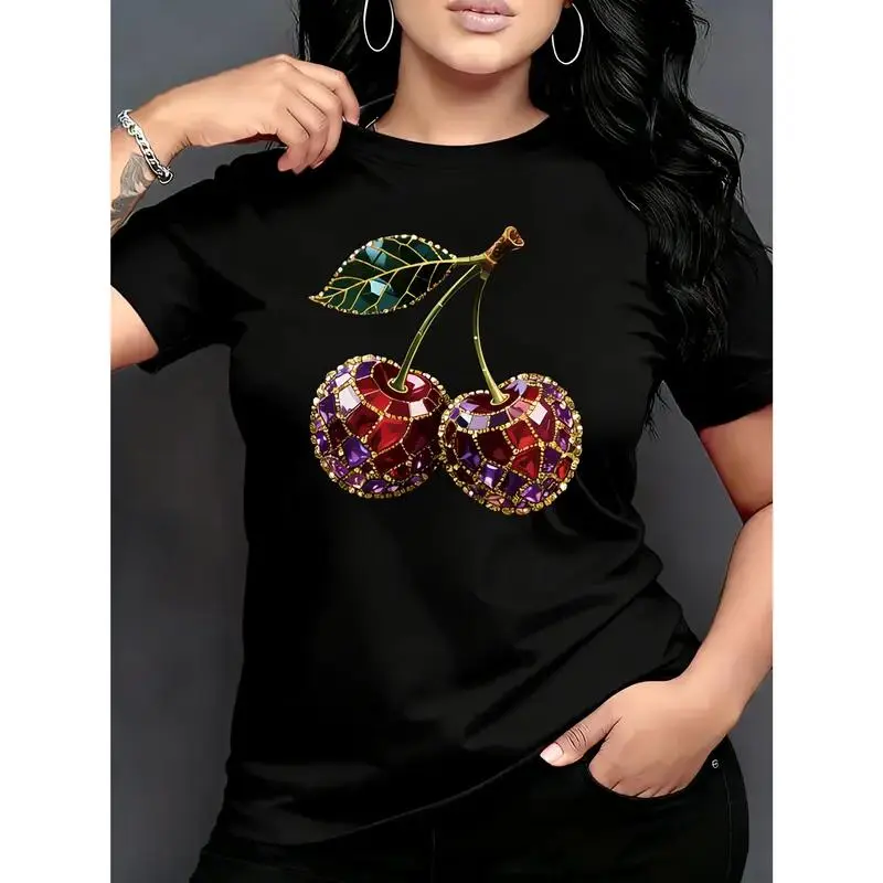 Women Sparkly Gem Rhinestone Cherry Graphic T-Shirt, Crystal Mosaic Fruit Leaf Print Crew Neck Tee, Trendy Bling Short Sleeve Casual Summer Top
