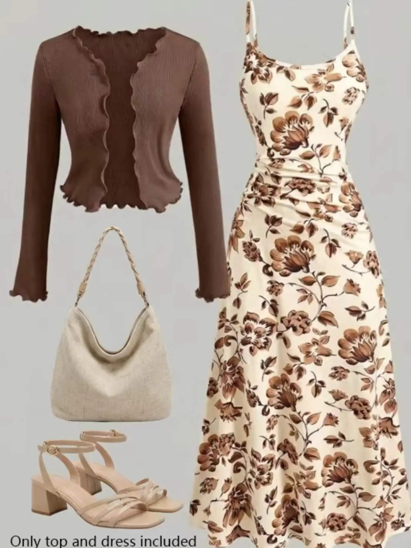 Women's Ditsy Floral Camisole Midi Dress with Ruffle Knit Cardigan Set, Elegant Casual Wear Vacation, All Seasons, Unlined