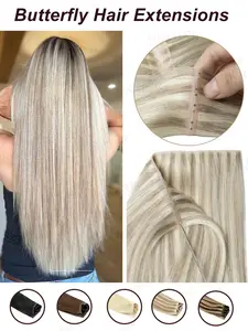 Twin Tabs Butterfly Weft Hair Extensions Human Hair Invisible Flat PU with Hole  Hair Weft 12-24inch Microlink Application 40-50g