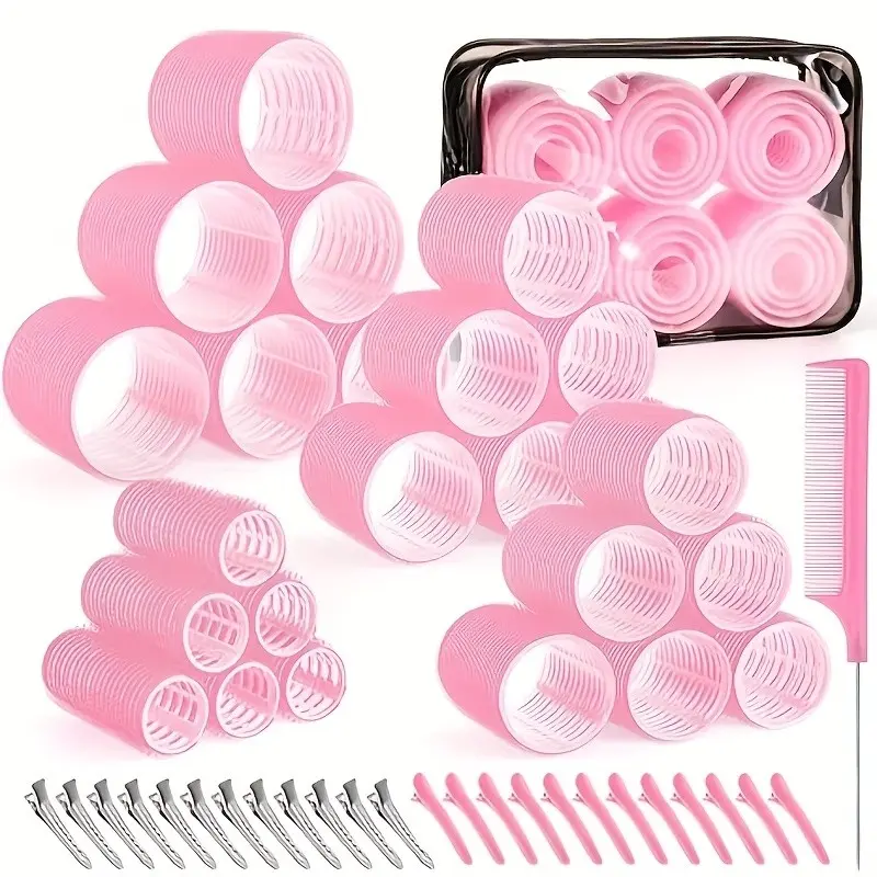 Fashion Hair Curling Tool Set, Heatless Curl, 50-Piece Kit with Large Medium Small Rollers, Duckbill Clips, Styling Comb, Storage Bag, Ideal for Long Short Hair