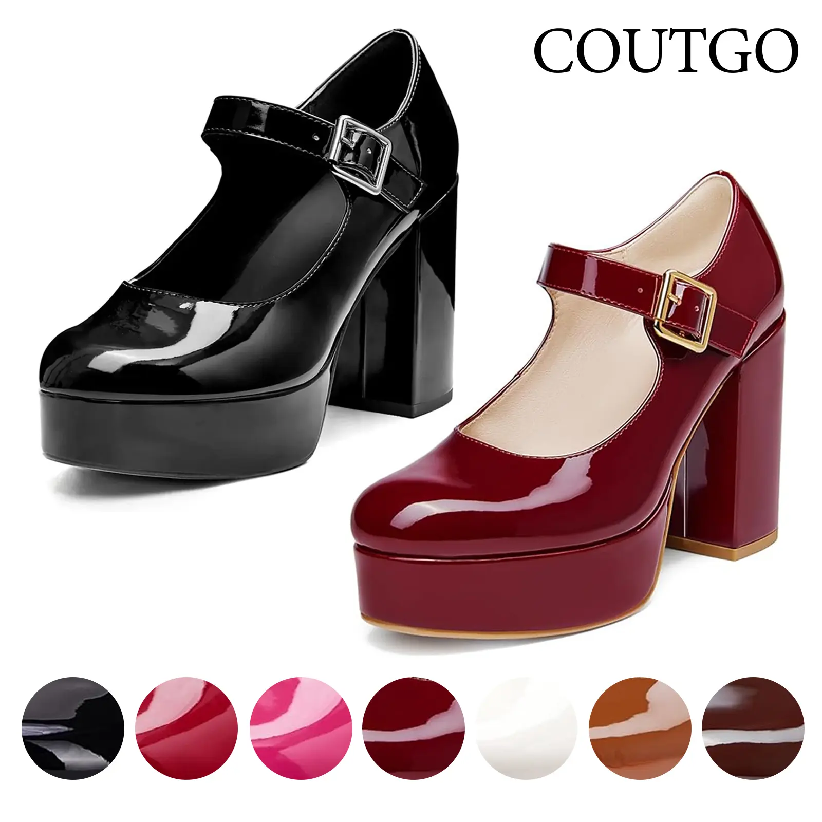Coutgo Womens' T-Strap Round Toe Chunky Platform Heels Patent Mary Jane Dress Shoes Elegant Footwear Coutgo Womens' T-Strap Round Toe Chunky Platform Heels Patent Mary Jane Dress Shoes Elegant Footwear