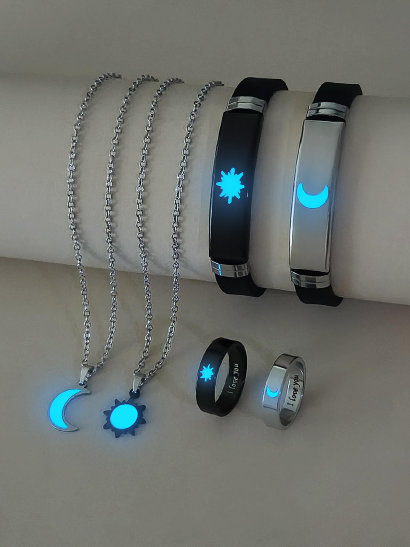 6 Piece Glow-In-The-Dark Moon & Sun Couple Necklace Bracelet Ring Couples Jewelry Set, Simple Cute Style, Perfect Gift for Valentine's Day