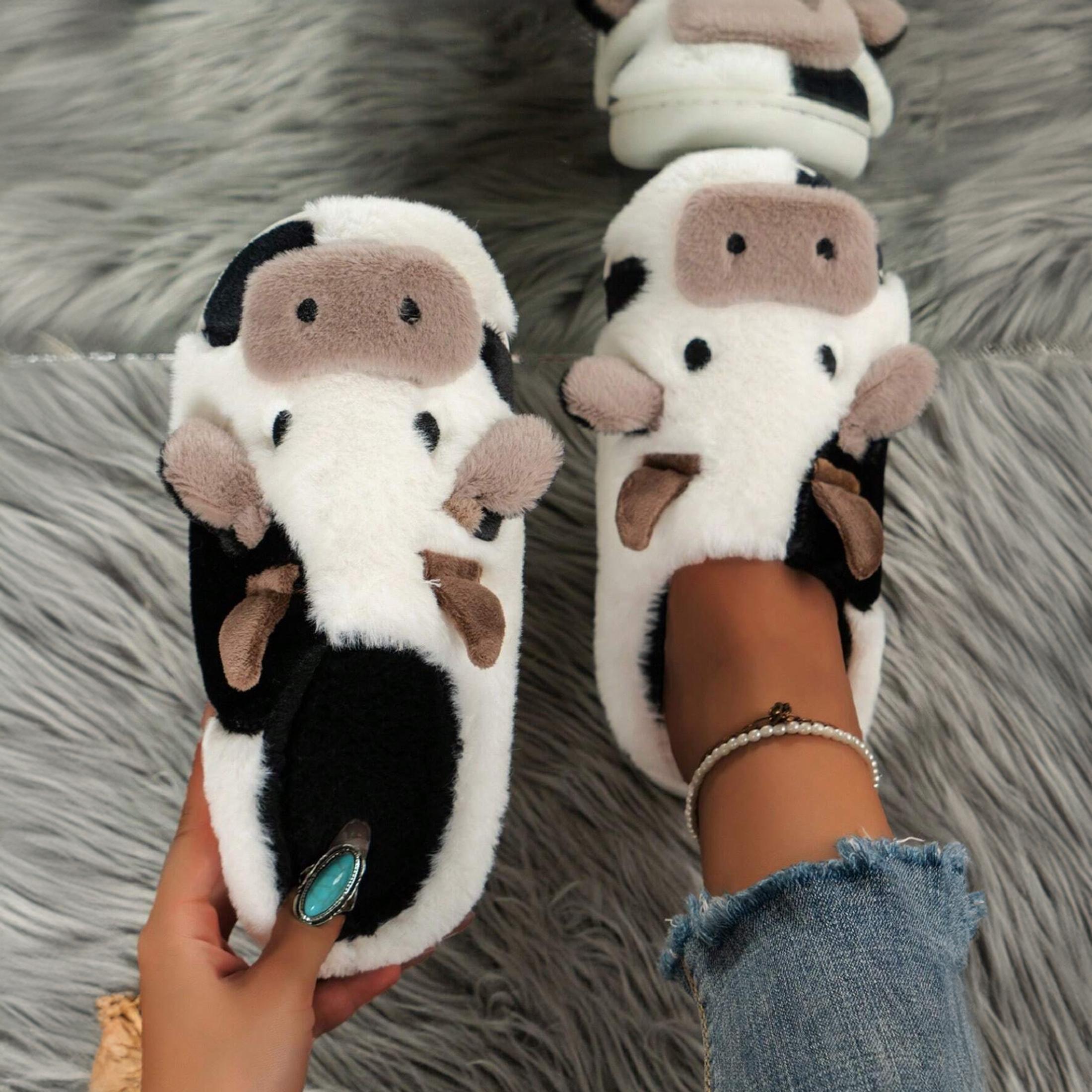 Women Cartoon Cow Cotton Slippers Cute and Comfortable Plush Animal Slippers Winter Indoor and Outdoor Slippers Shoes Footwear Khaki