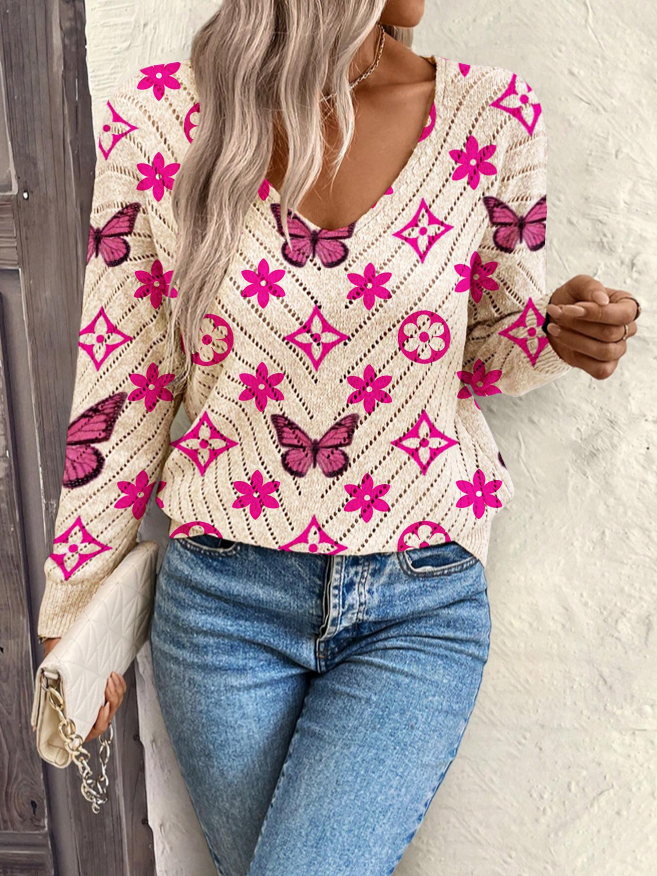 Women's Geometric Butterfly Print Long Sleeve Knit Top, Casual Elegant Vacation Style Sweater, Loose V Neck, Comfortable Warm Fall Winter Knitwear