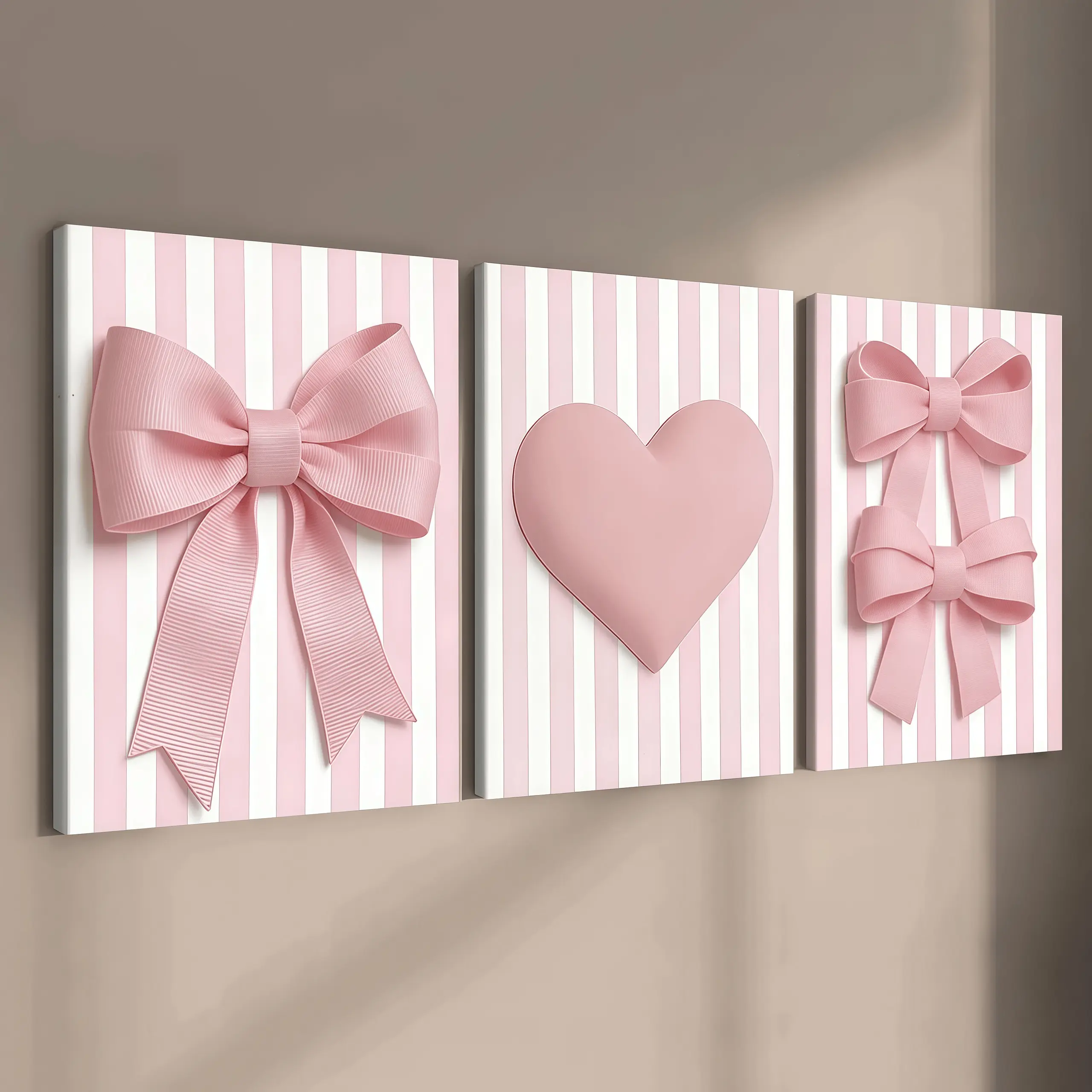 3-Piece Wooden Frame Canvas Art Set with Striped Bow Heart Design, Waterproof Hanging Wall Art, Wall Prints for Living Room and Bedroom Home Decor tiger masculine gym inspirational trendy large boho style wall decor manga black poster kitchen