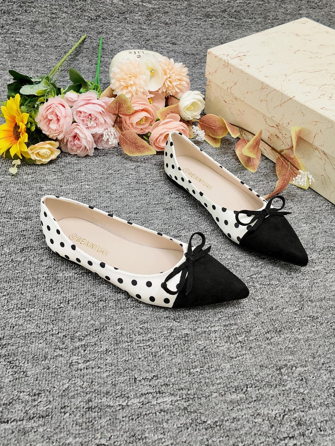 Elegant Polka Dot Colorblock Pointed Toe Shoes, Bow Soft Sole Low Heel Flats, Professional Office Women's Shoes