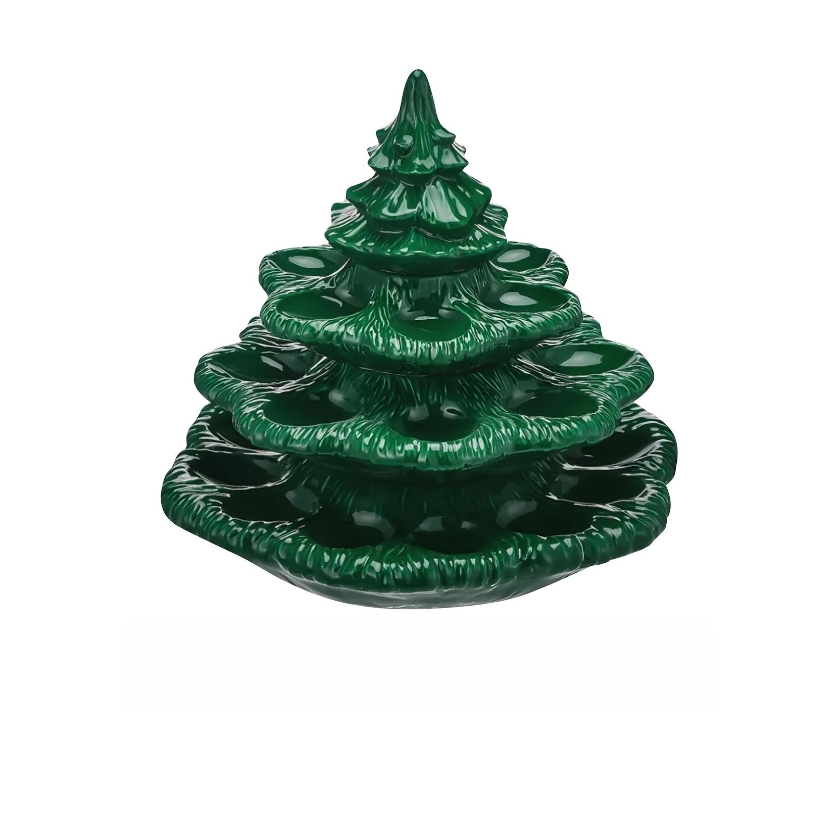 Ceramic Platter Shaped Like a Christmas Tree for Serving Deviled Eggs, Featuring a Reusable Oval Tray with a Lid, Designed in a Green Plant Style, And Includes Three Tiers for Presentation. (Non- Contact)