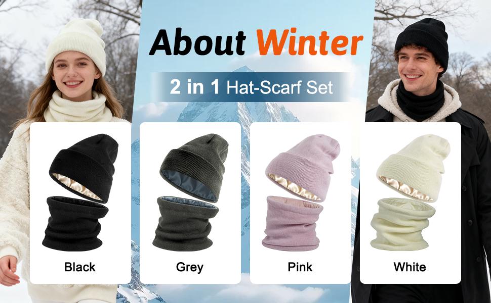 [Buy 1 Hat Get 1 Free Neck Gaiter] Viyawise Satin Lining Solid Color Beanie Hat for Men & Women - Ultra Soft, Stretchy Ribbed Knit, Foldable Design for Daily Use & Outdoor Activities Ear Cover Warm