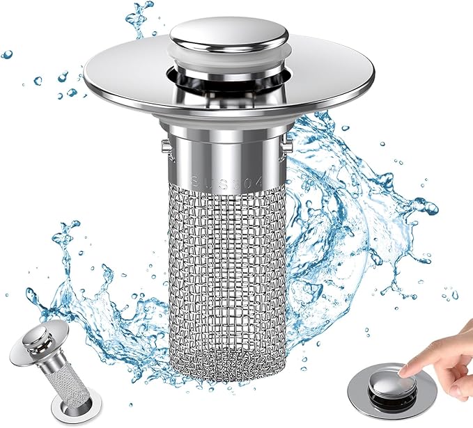 2 Pcs Bathroom Sink Stopper Hair Catcher, Universal Pop Up Sink Drain Filter with Stainless Steel Basket, Anti Clog Bathroom Essentials 2 Pcs Bathroom Sink Stopper Hair Catcher, Universal Pop Up Sink Drain Filter with Stainless Steel Basket, Anti Clog Bathroom Essentials