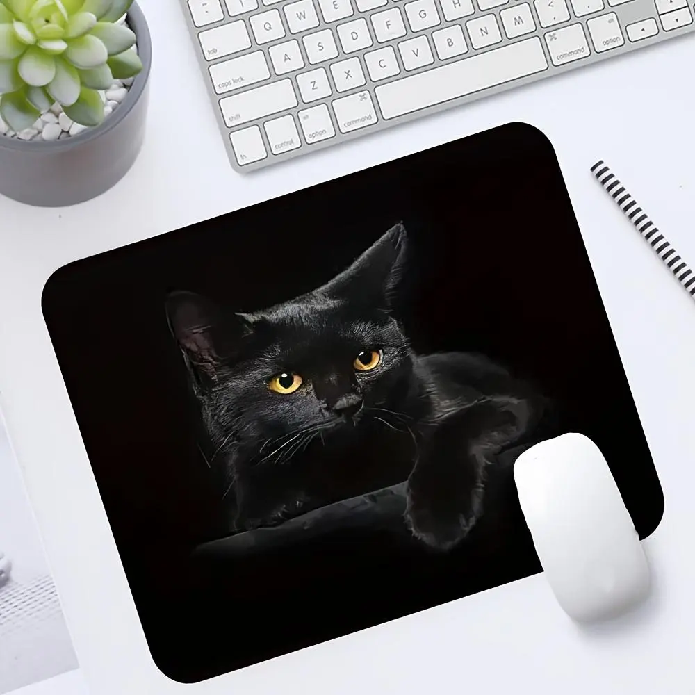 Black Cat Mouse Pad with Non-Slip Rubber Base - Stylish Office Desk Mat for Computers & Laptops, Durable & Easy to Clean, Size, Cat Illustration Design, Mouse Pads for Desk