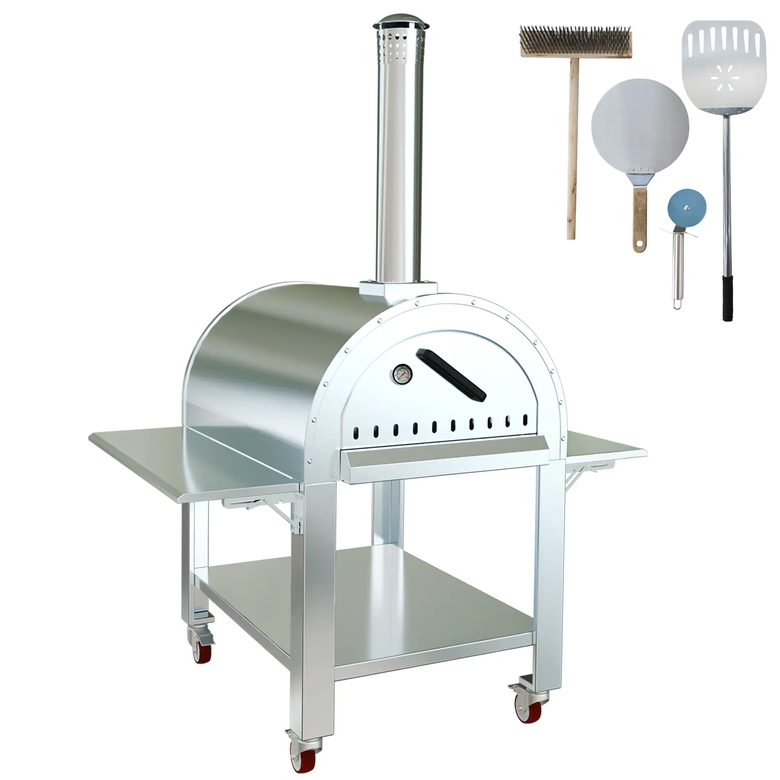 Stainless Steel Outdoor BBQ Pizza Oven, 32x32x80 In Mobile Kiln-Style, Wood & Charcoal Fired, Silver