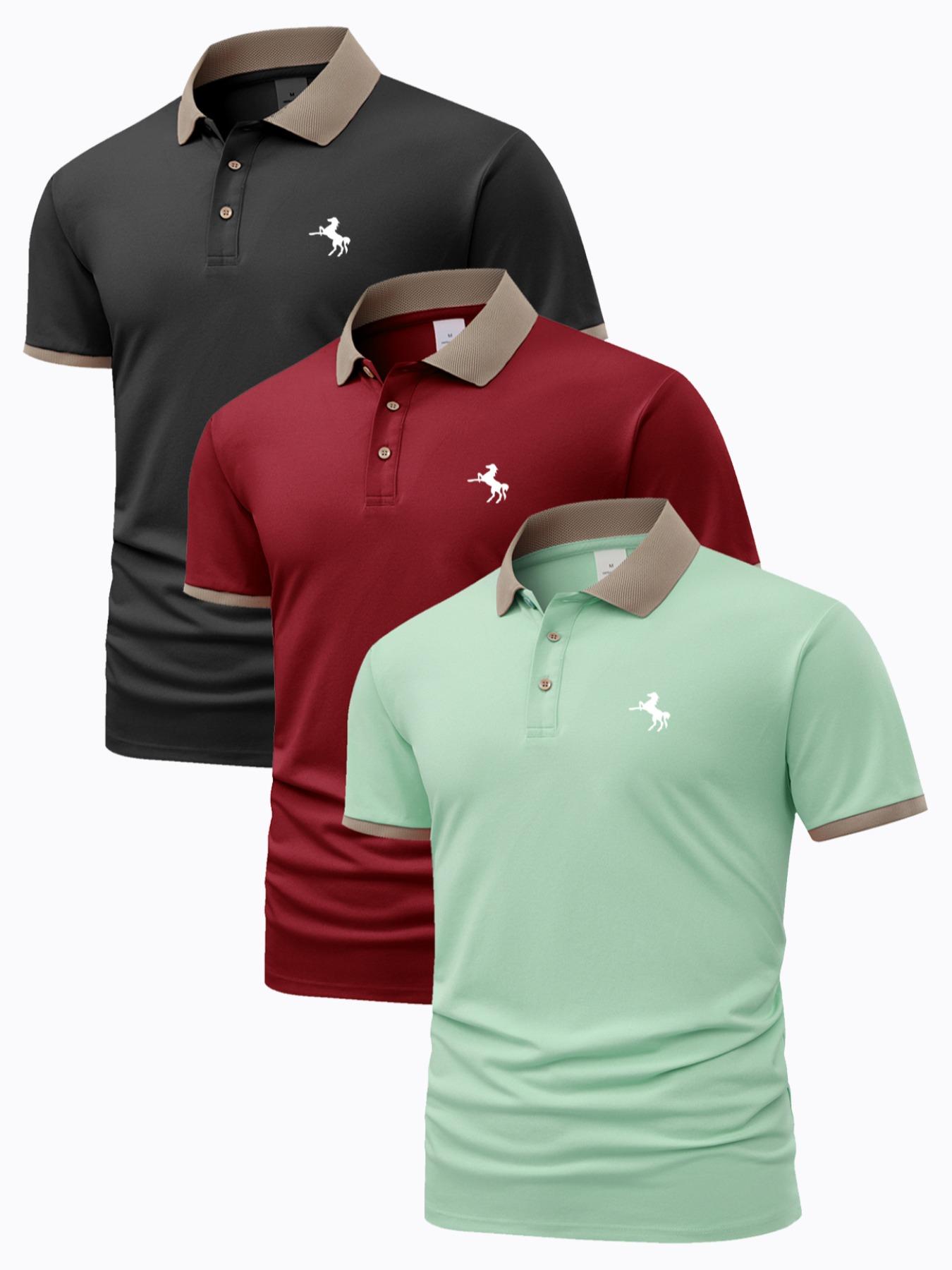 Men's Horse Pattern Polo Shirt, Regular Fit Casual Short Sleeve Button Front Polo Top for Summer, Men's Clothes for Daily Wear, Vacation Clothes, Polo Shirt Set