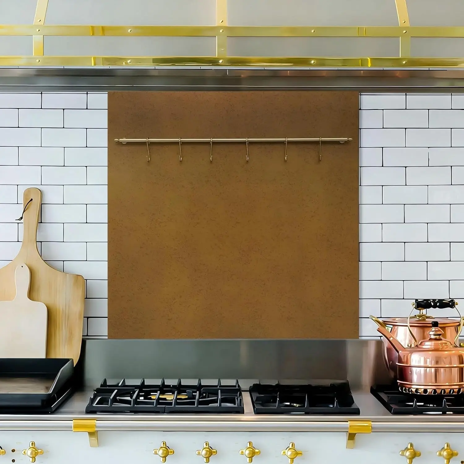 29.5“x29.5” Aged Brass Finish 304 Stainless Steel Rang Hood Backsplash with Solid Brass Rail & S Hooks,Stove Backsplash,Vintage Style,Kitchen Wall Splash Guard.
