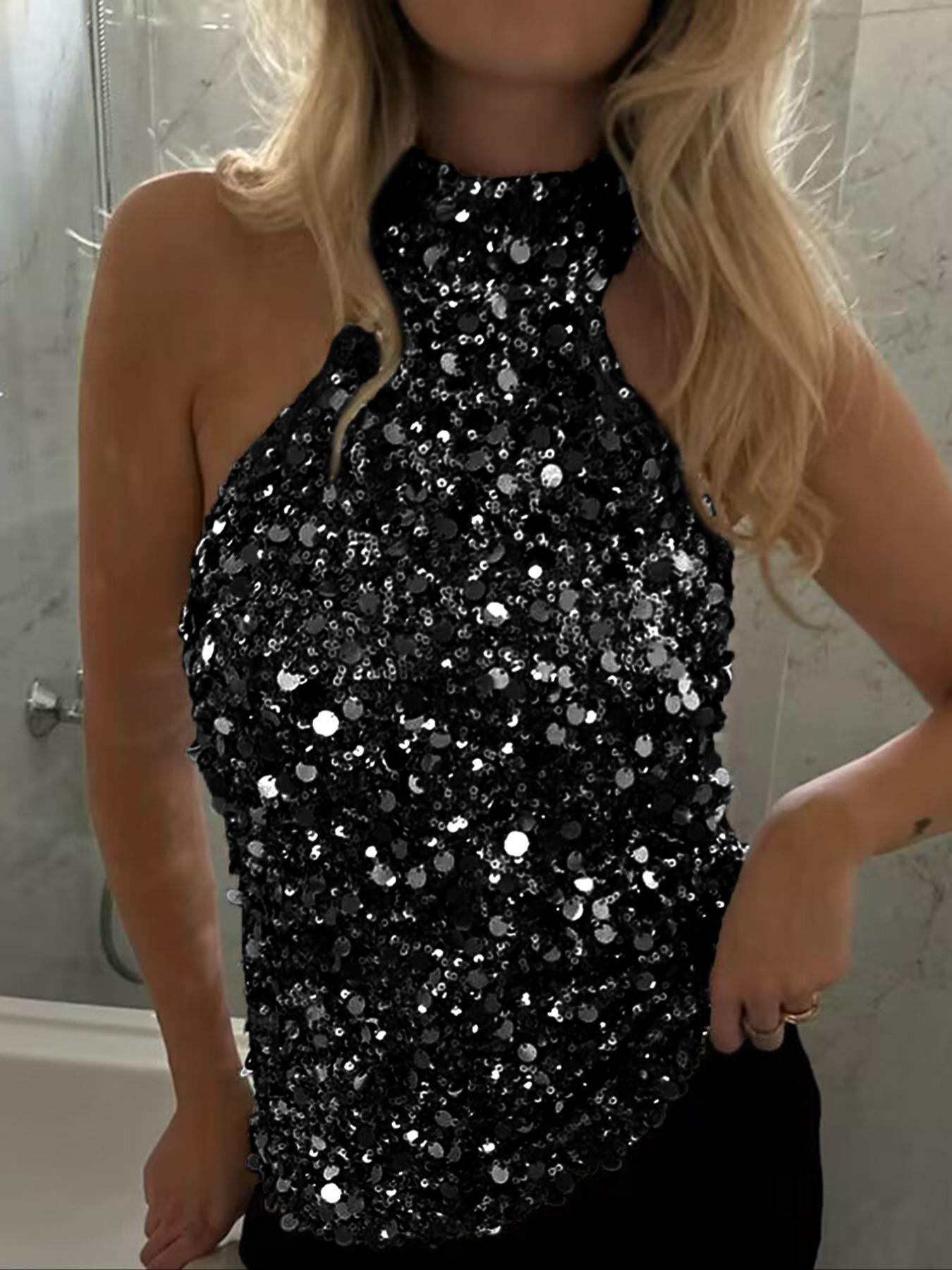 Y2K Women's Sequin Design Halter Neck Top, Elegant Slim-Fitting Backless Vest, Plain Pattern, Perfect for Casual Wear