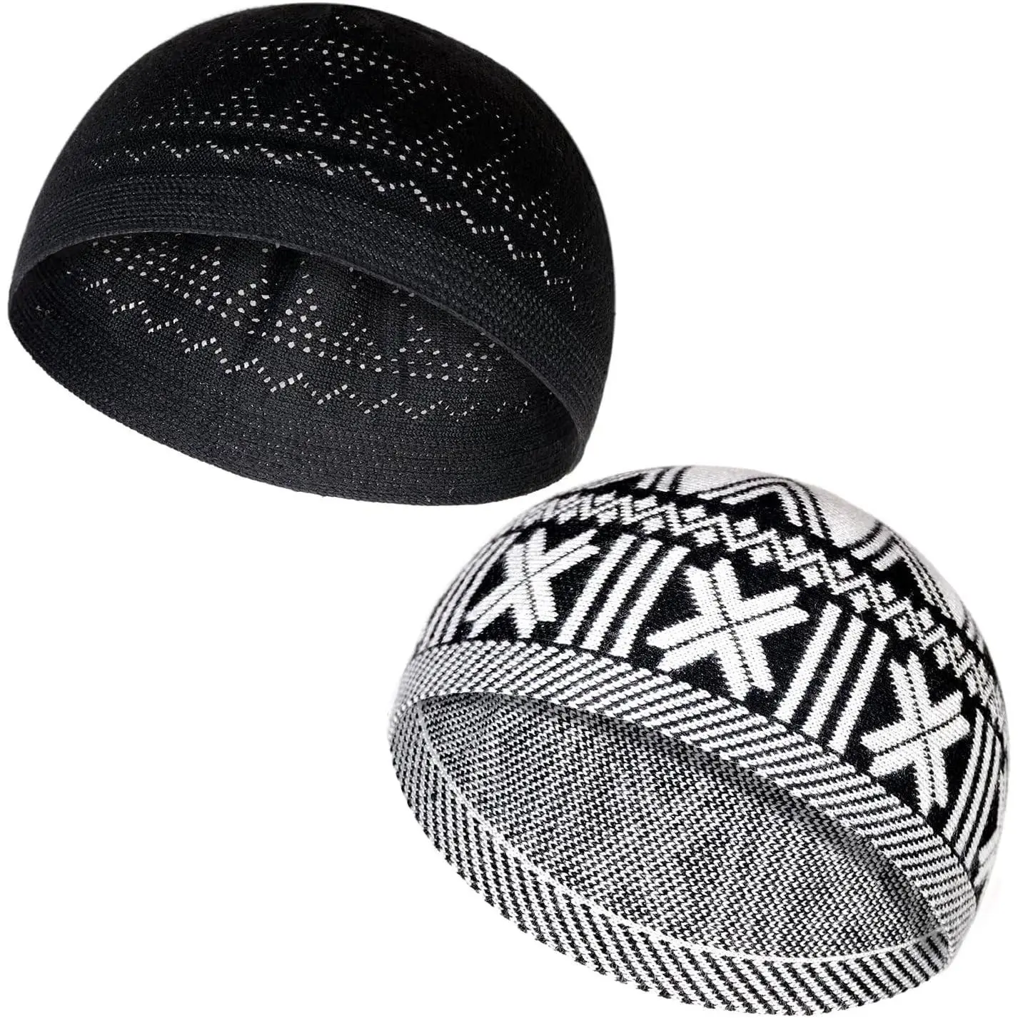 Muslim Kufi Hats for Men - Keffiyeh Skull Cap Islamic Prayer Hat | Islamic Gifts & Muslim Clothing for Men | 2 Pack, 2 Designs, 2 Colors (Black, White & Black)Gift
