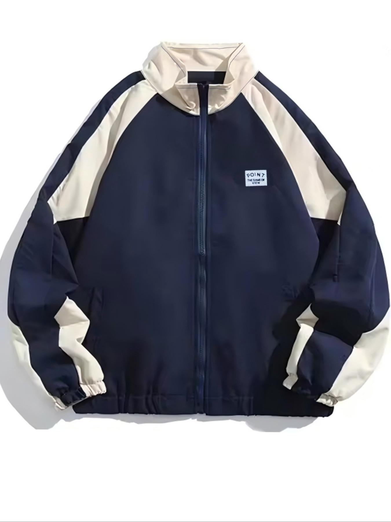 Men's Vintage Colorblock Collar Jacket Coats, Casual College Style Outerwear, Trendy Simple Men's Essential Baseball Vest