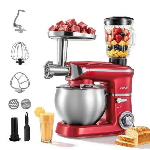 VEVOR 6.3 Qt 3-in-1 Tilt Head Stand Mixer 400W Electric Dough Mixer, Multifunctional Food Kitchen Mixer with Stainless Steel Bowl, Meat Grinder and Blender Attachments, Dough Hook, Whisk, Beater,toolupgrade