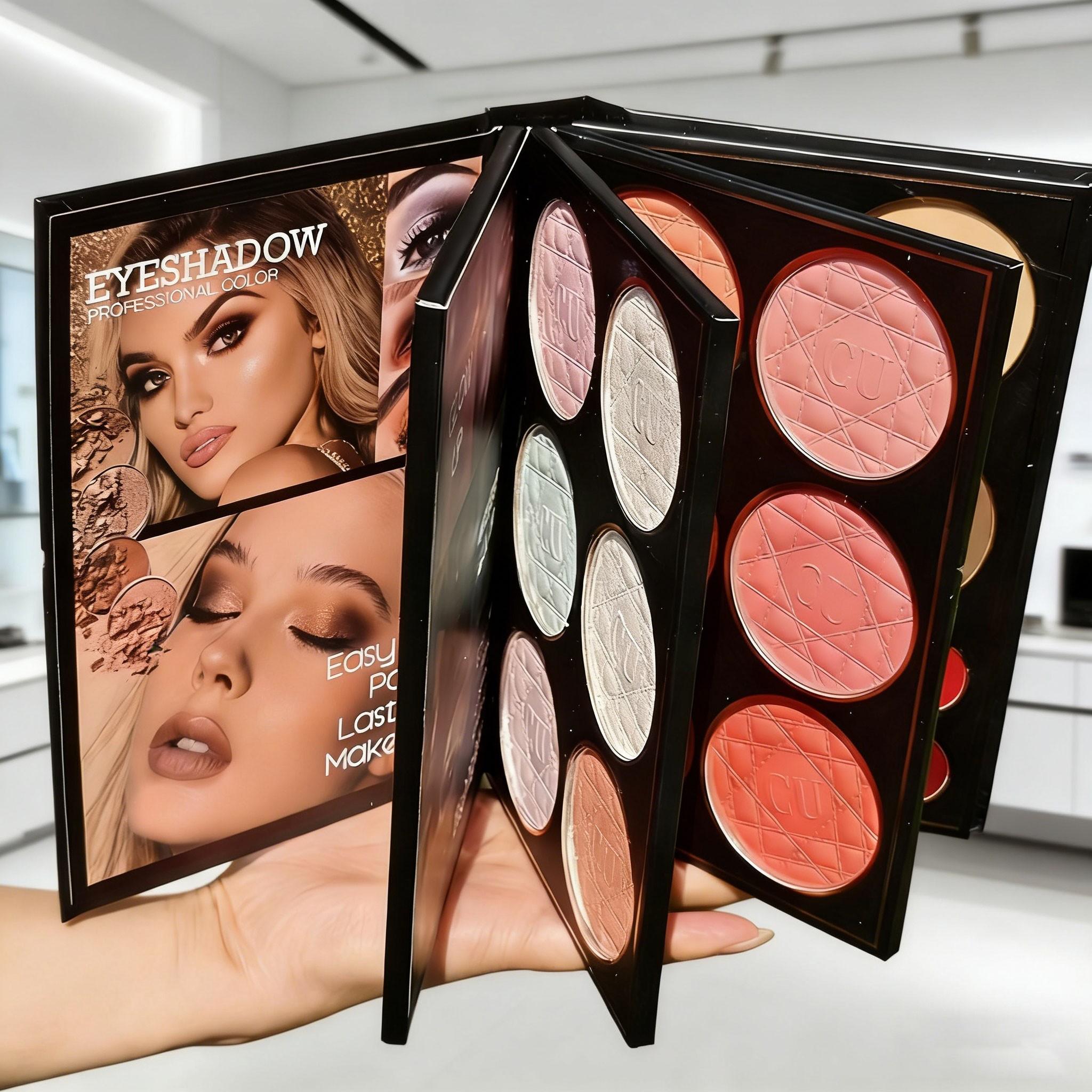Book Style Makeup Book + Brush Set, Makeup Palette Set, Includes Eyeshadow, Blush, Contour, Highlight, Long-Lasting Easy Application, Perfect Gift for Valentine's Day/birthday
