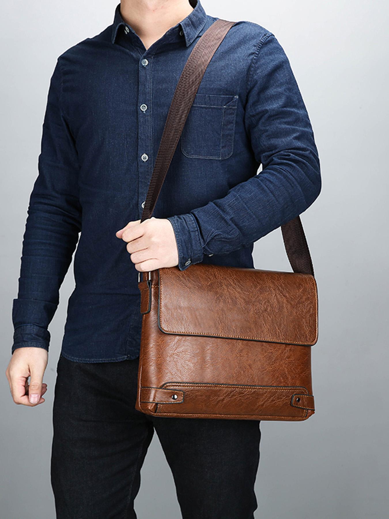 New Minimalist Versatile Men's Messenger Bag Crazy Horse Leather Flap Design Convertible Crossbody Bag Dual-Use Business & Casual Shoulder Bag