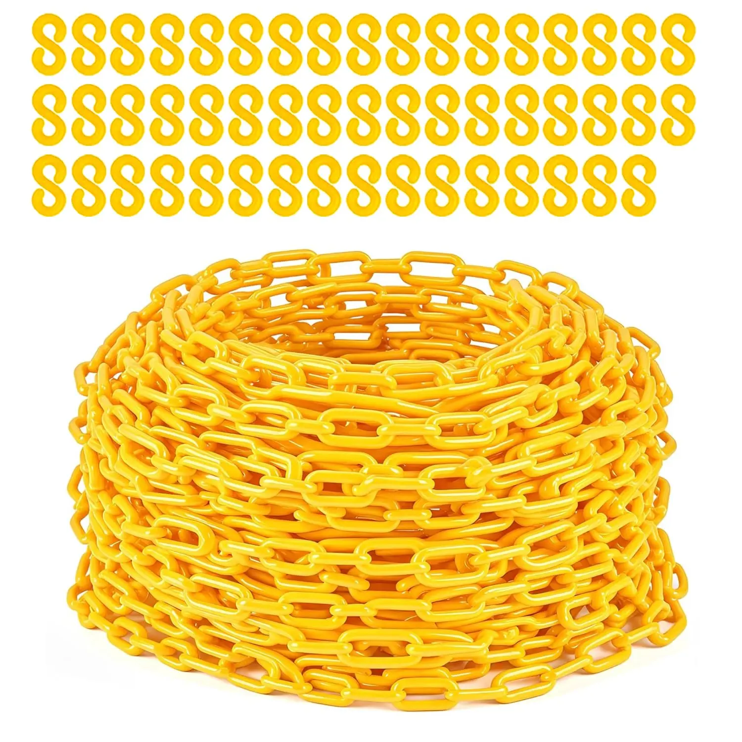 Garvee Outdoor UV-Resistant Safety Barrier Chain, 240FT 6MM Thick Yellow Plastic Chain with 1.5-Inch Links, 50 Hooks for Crowd Control, Construction Work Safety Equipment