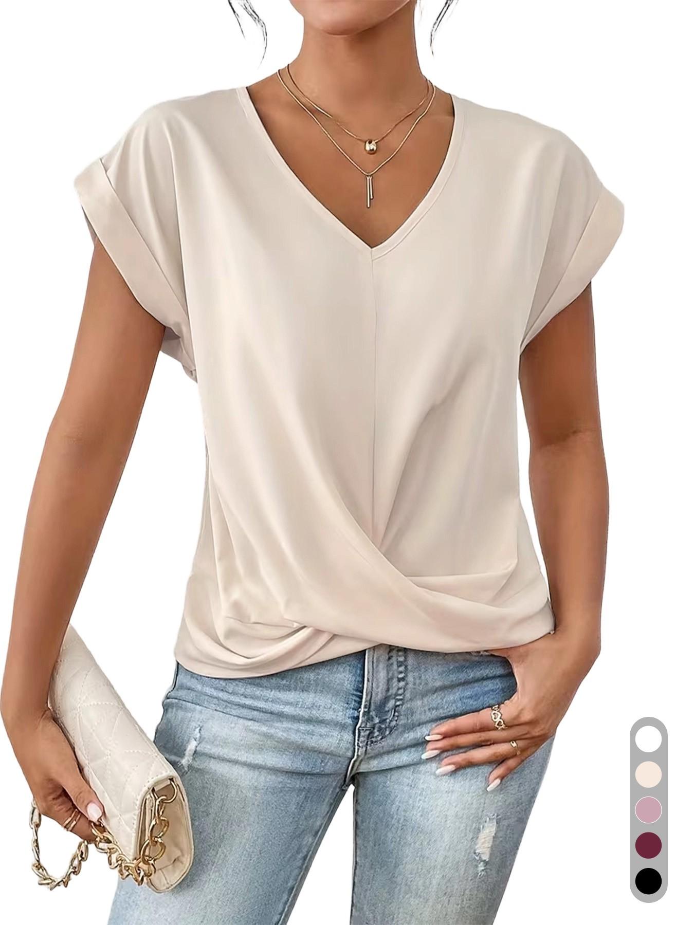 2026 Women's V Neck Twist Front Blouse, Sexy Ruched Waist, Short Sleeve, Casual Top, Tummy Control, Leg-Lengthening, Office Shirt