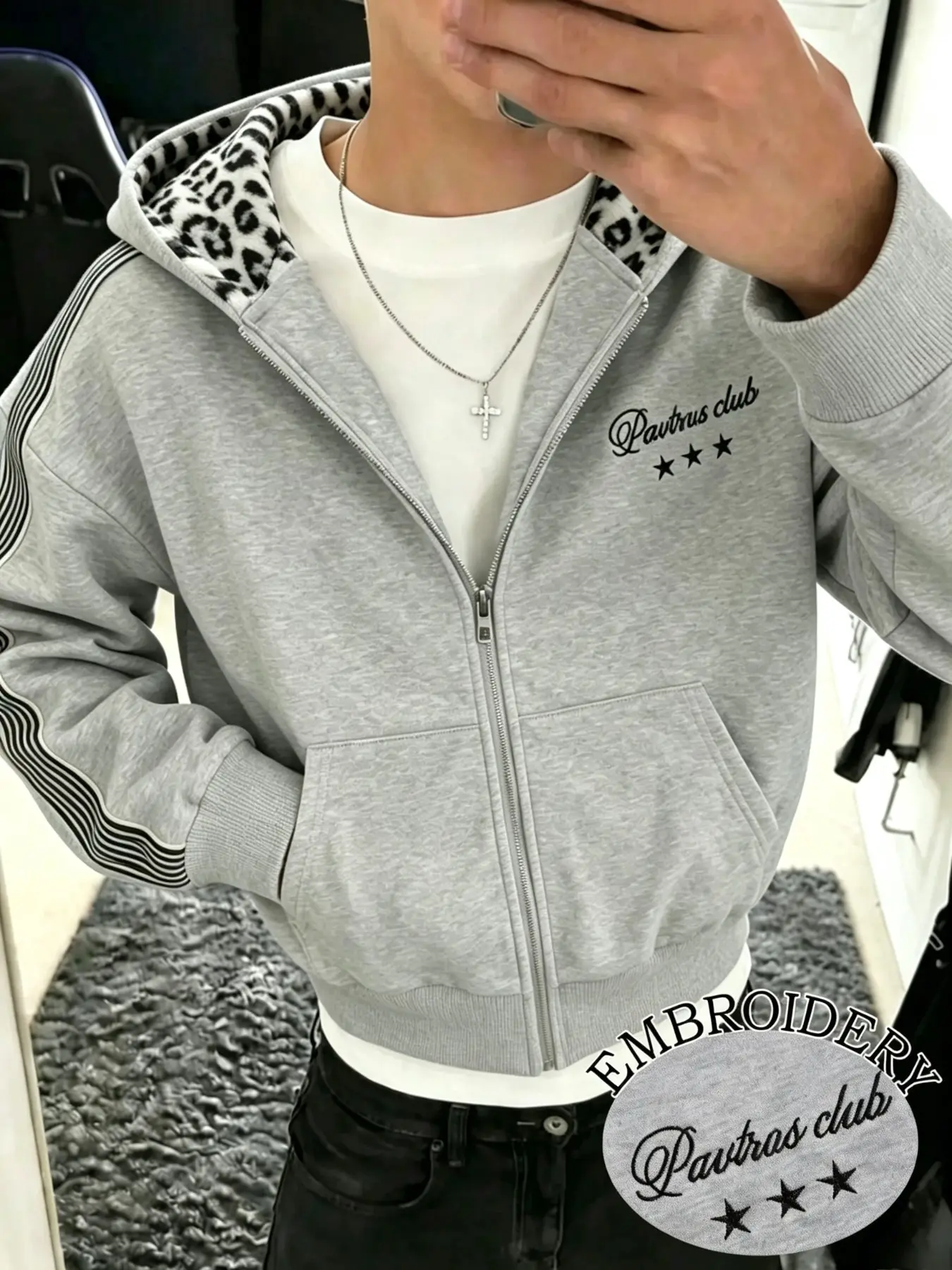 Men's Thick Soft Fleece Lined Short Zipper Hoodie, Street Style Loose Fit Top with Leopard Print Inner Hood Lining and Pavtras Club Embroidery, Spring & Fall Casual Outerwear