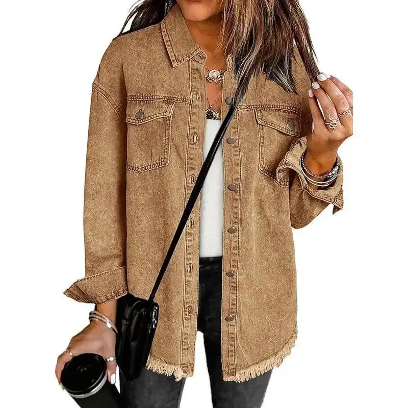Women's Oversized Denim Jean Shacket - Long Sleeve, Button Down, Frayed Hem, Western Trendy, Casual Wear with Jean Fabric for Sports & Outdoor Activities, Shacket Jacket, Tops, Longsleeves, Raw Hem, Fashion