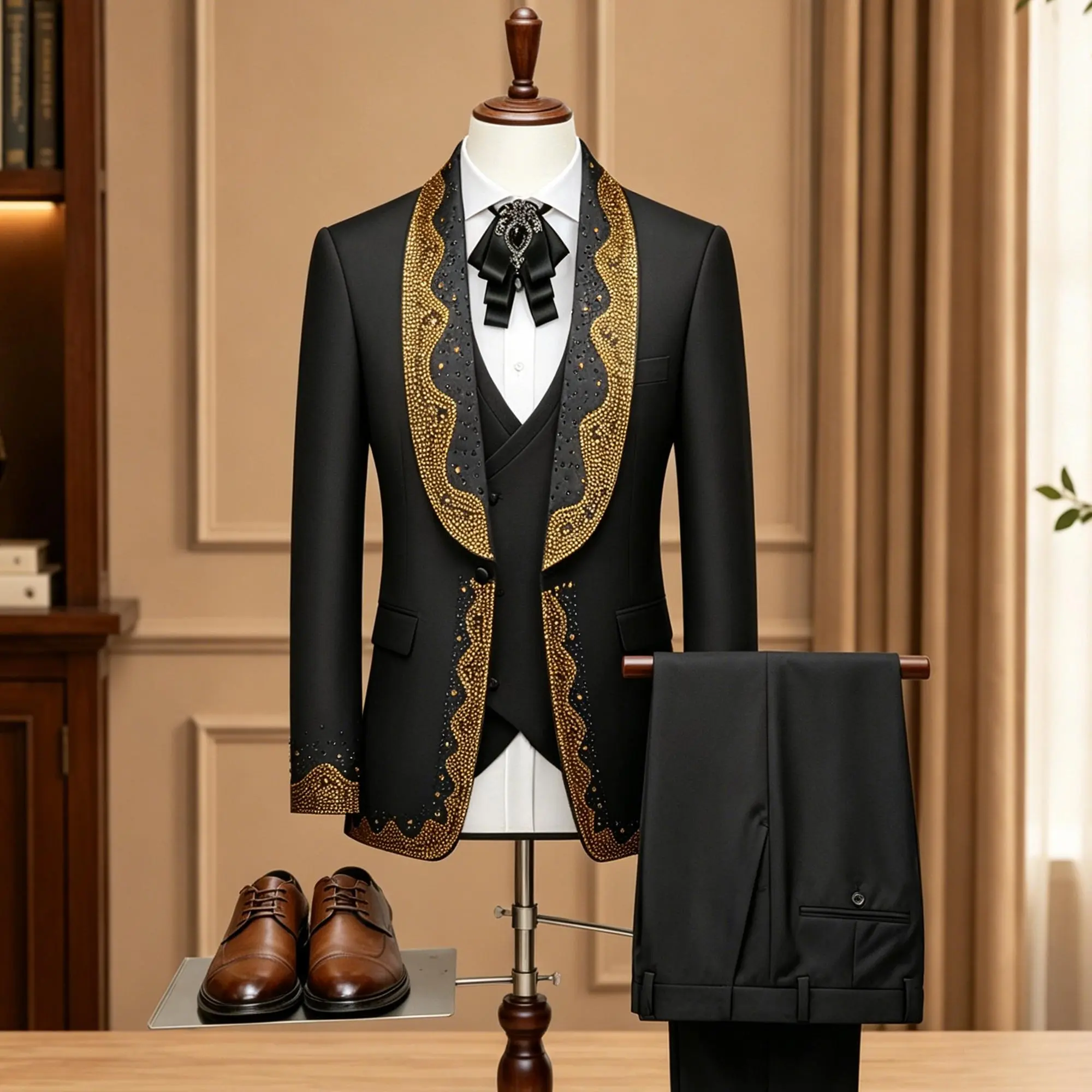 Men’s Navy Blue & Black Gold Rhinestone Embellished Tuxedo | Complete 5-Piece All-In-One Formal Suit Set