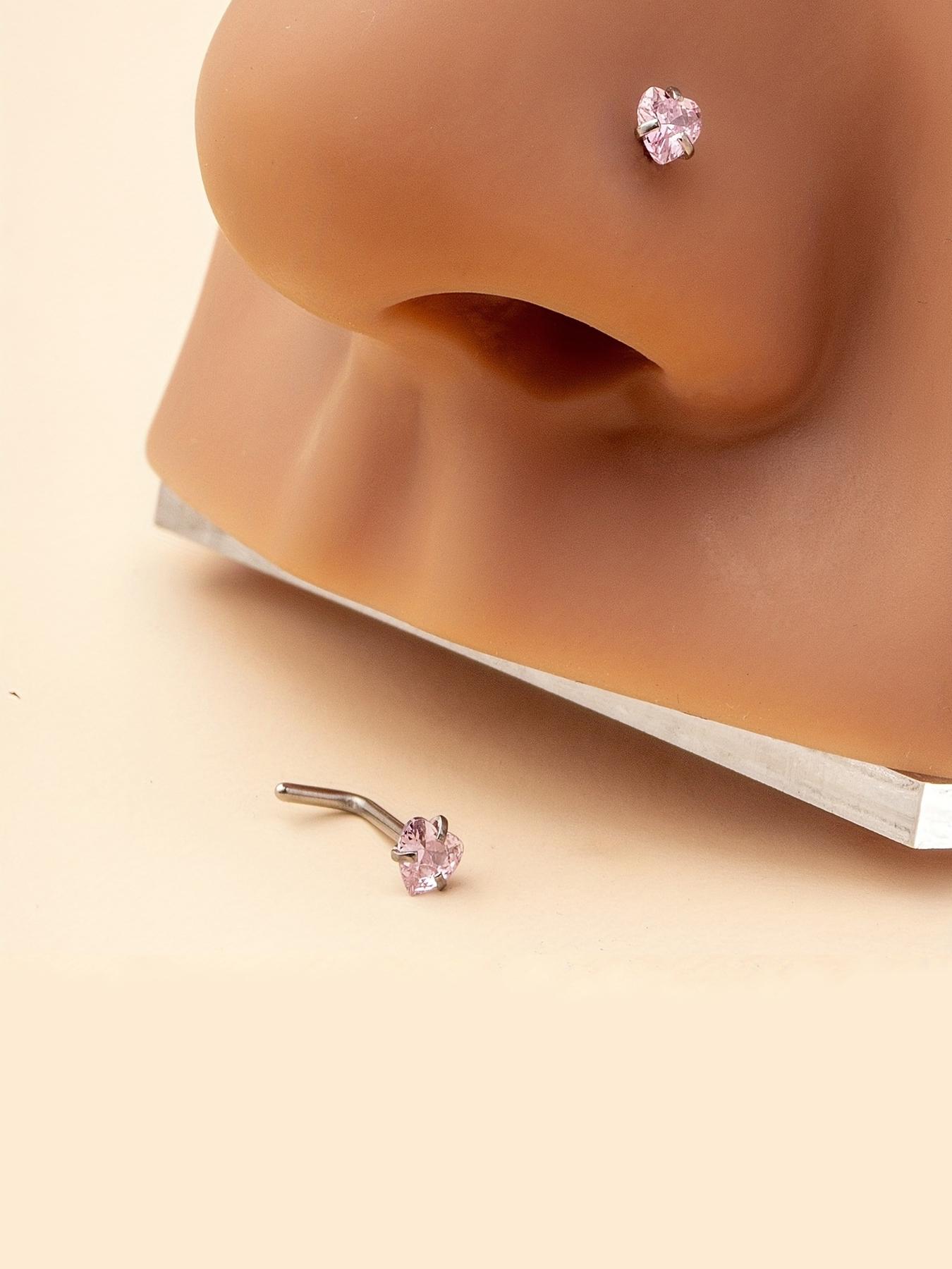 Summer Rhinestone Decor Heart Design L-shaped Nose Studs, Nose Piercing Jewelry, Nose Ring Jewelry, Daily Back To School