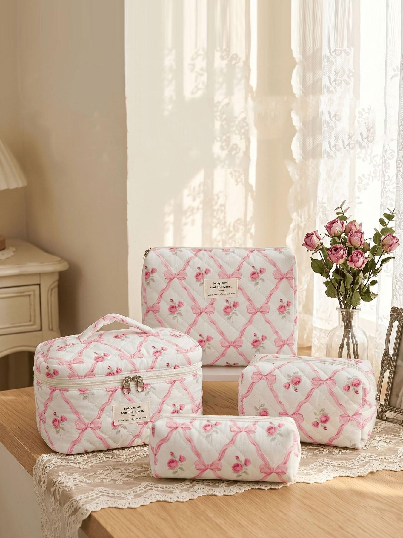 Pink rose bow quilted cosmetic bag set, multi-size cosmetic bag, suitable for daily and travel storage