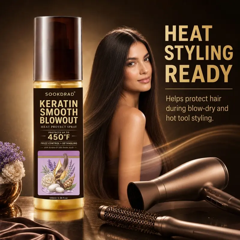 Keratin Smooth Blowout Heat Protect Spray, Keratin, Silk Amino Acids, Heat protection up to 450°F, Heat Protectant, Frizz control, Detangling, Hair, 100ml/3.38 fl.oz
