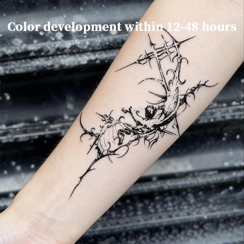 Dark Thorn Cross Dragon Herbal Juice Tattoo Sticker, Semi-Permanent Waterproof Long-Lasting Non-Reflective, Realistic Tattoo for Forearm & Arm