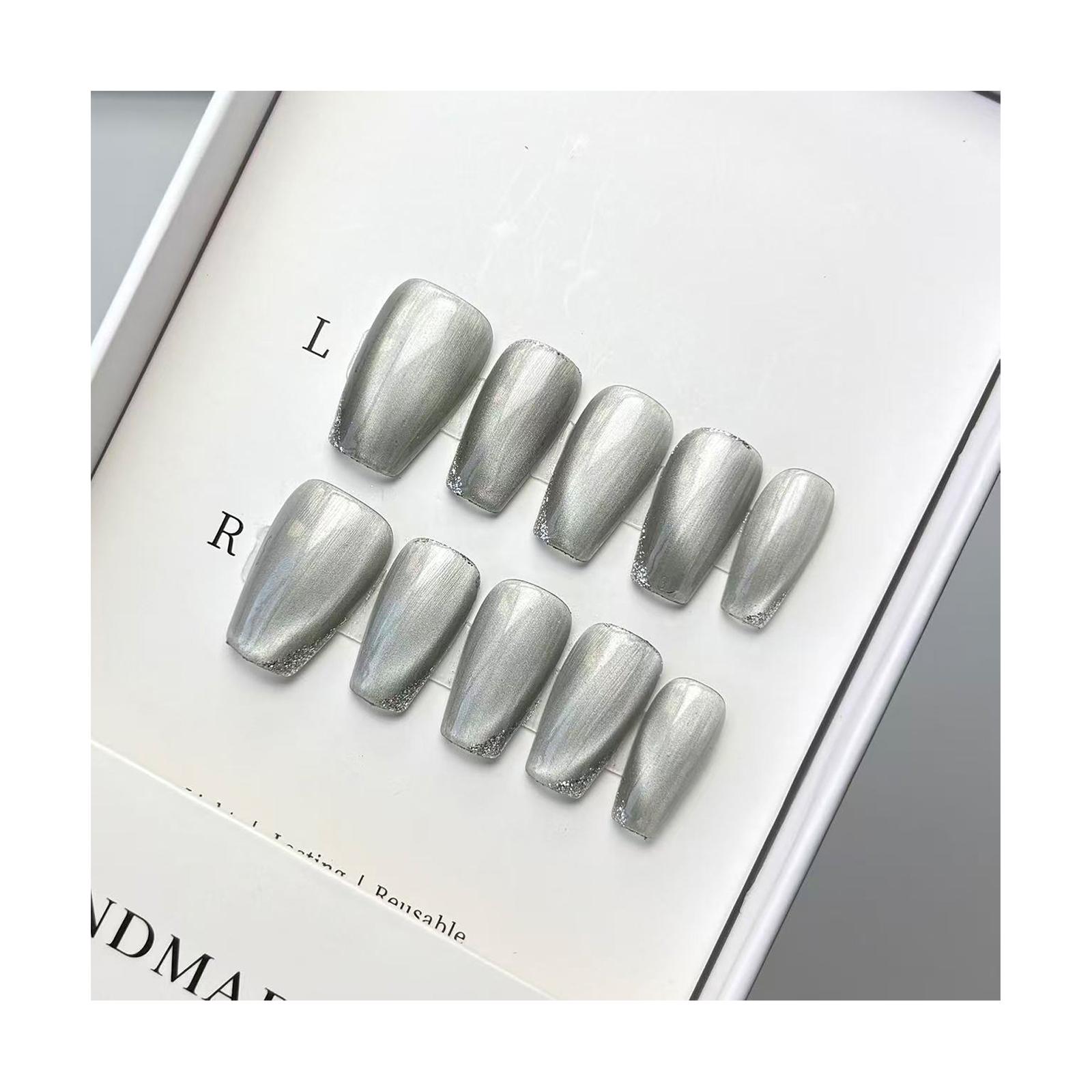 Luxury Nail Freedom! Silver Cat Eye Glitter Edge Press Ons, Get Baddie Nails In 5 Mins, No Salon Needed