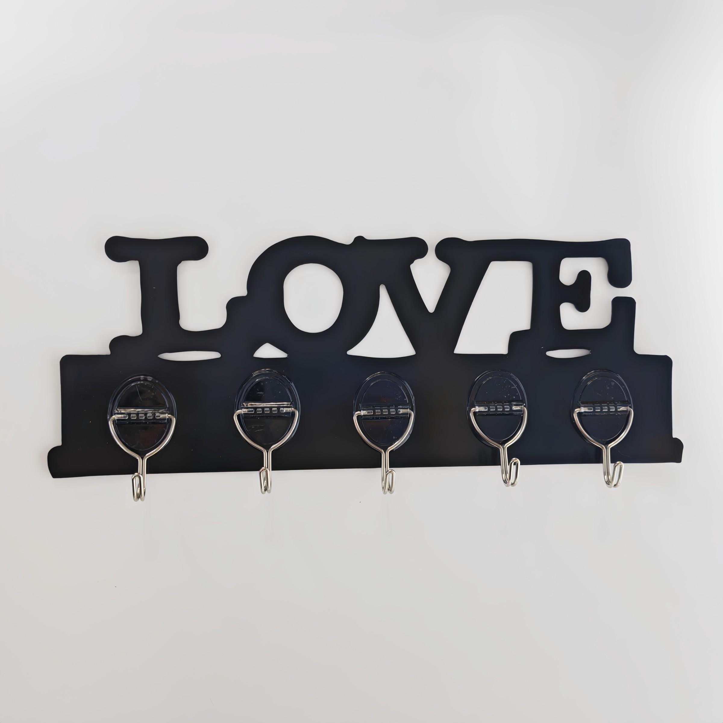 2-Pack Love Graphic Plastic Hook Rack, Wall-Mounted Key Hooks, 5 Strong Hooks, Easy Install with Adhesive Backing, Ideal for Entryway Organization