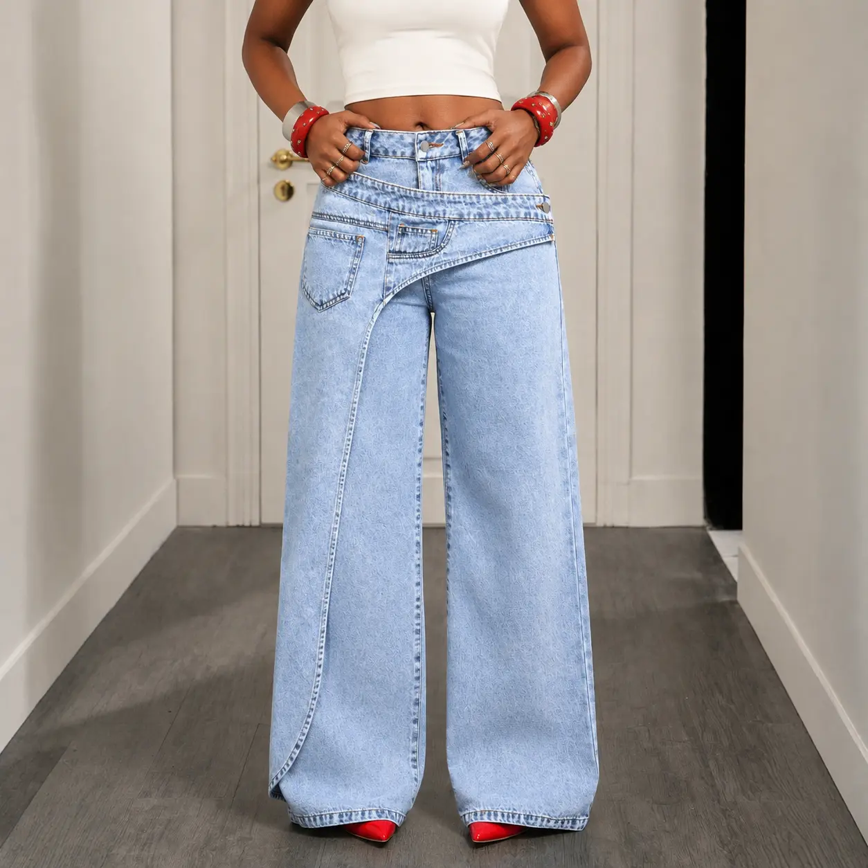 Women's Wide Leg Denim Pants - Loose Baggy, Asymmetric Cut, Wrap Waist, Plain Design, Machine Washable, Casual Streetwear for Spring Fall Winter