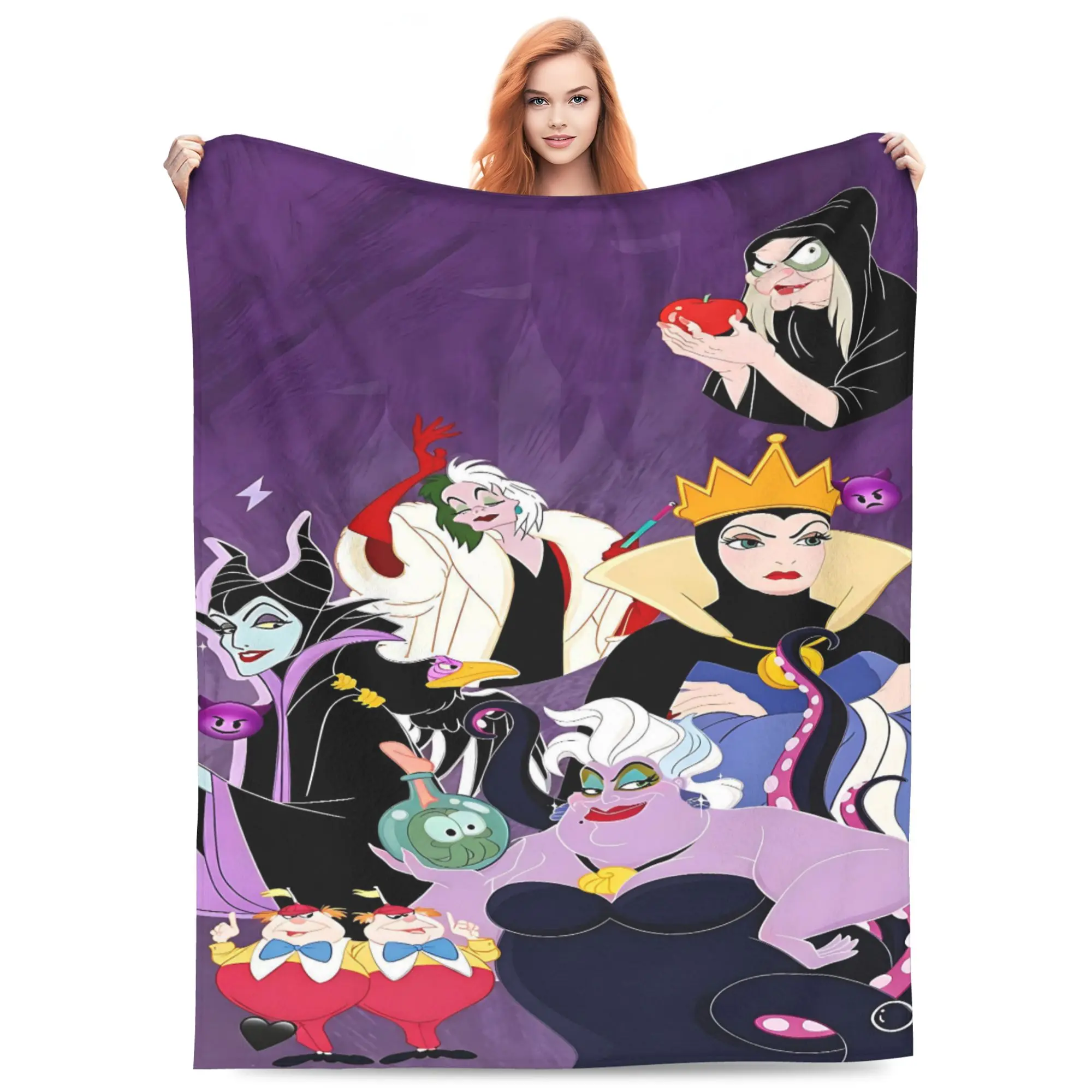 Disney Classic Female Villains Flannel Throw Blanket, Maleficent Ursula Cruella Evil Queen Purple Textured Background Print Soft Cozy Blanket for Sofa Bed Villain Fans Gift