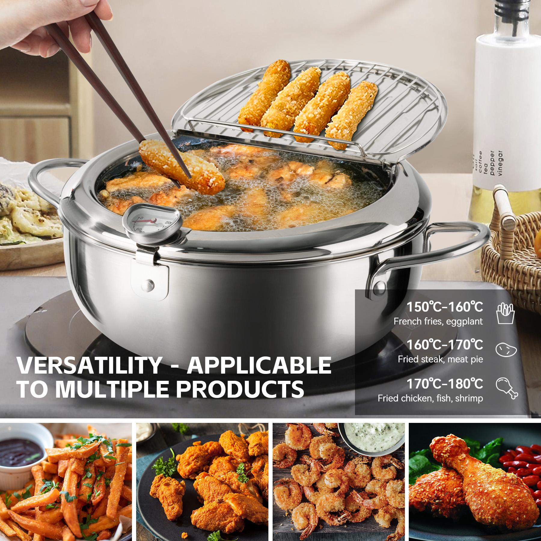 Deep Fryer Pot,  Janpanese Style Tempura Frying Pot with Lid, 304 Stainless Steel with Temperature Control and Oil Drip Drainer Rack, for Kitchen French Fries, Chicken etc