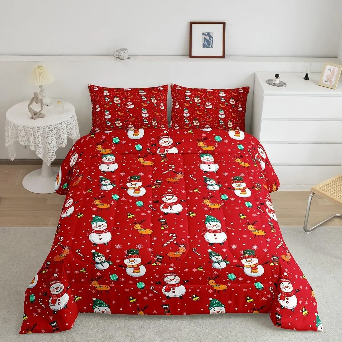 3pcs Christmas Snowman Quilt Set, 1 Quilt + 2 Pillowcases, 200g Fill, Soft Breathable, Digital Print, Ideal for Bedroom Dorm Home Use