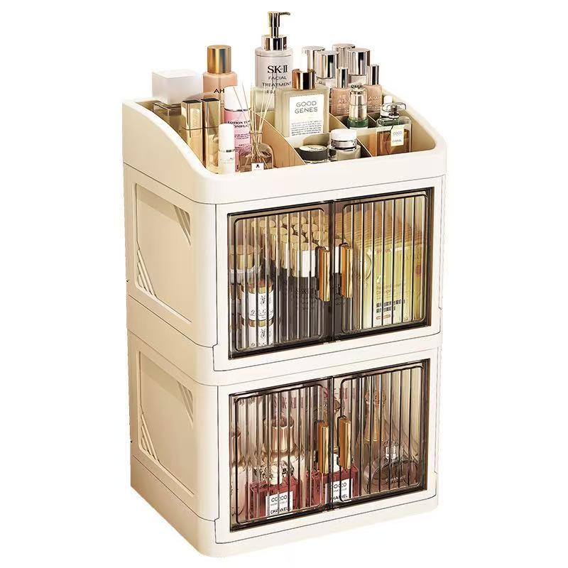 Foldable Cross-Border New Cosmetic Storage Cabinet, Multi-Layer Dual-Door Skincare Office Stationery Dustproof Organizer Box, Makeup Cosmetic Organizer, Cosmetics Organizer Storage, Beauty Supplies Organizer