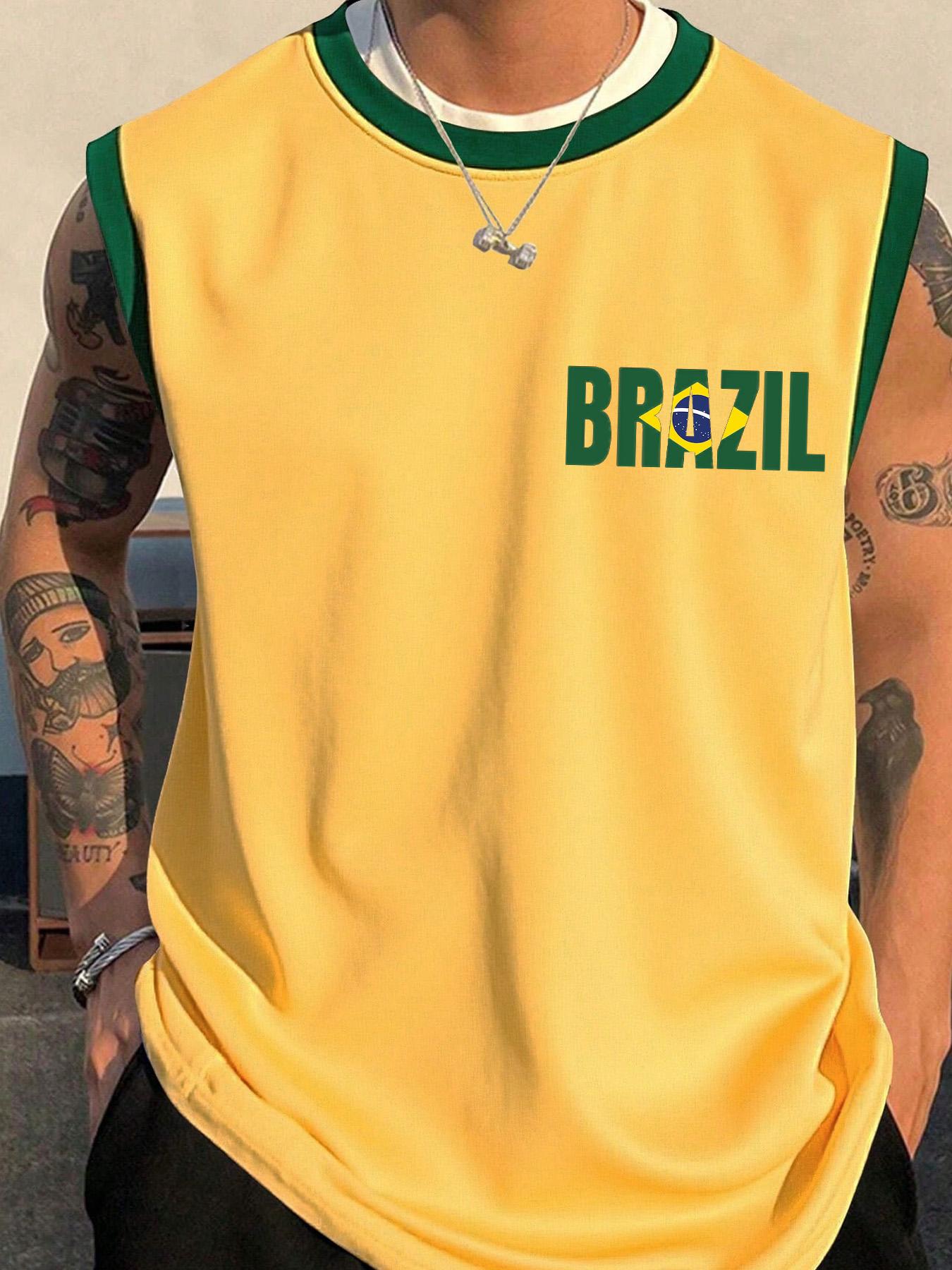 Men's Brazil Flag Print Tank Top, Vest Top, Regular Fit Casual Comfy Sleeveless Top for Summer, Men's Clothes for Daily Wear, Socks