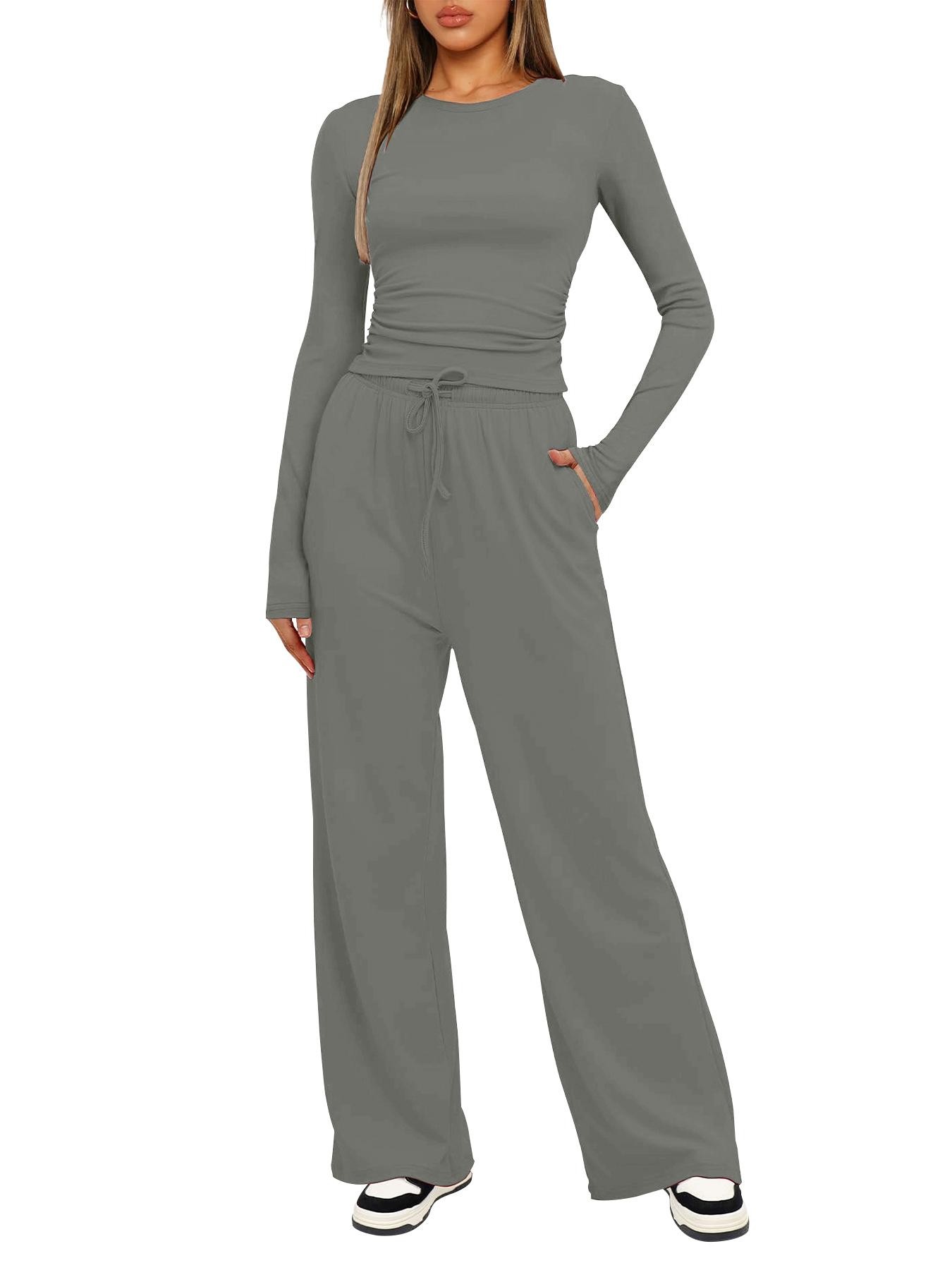 Women's Solid Ruched Drawstring Loungewear Set, Casual Long Sleeve Round Neck Top & Pocket Wide Leg Trousers, Spring Summer Sleepwear Pajama Set
