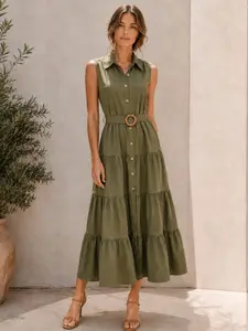 Women's Olive Sleeveless Shirt Dress, Layered Ruffle Skirt, Front Slit Design, Summer, Casual Wear, Perfect for Commute, Travel, Dating