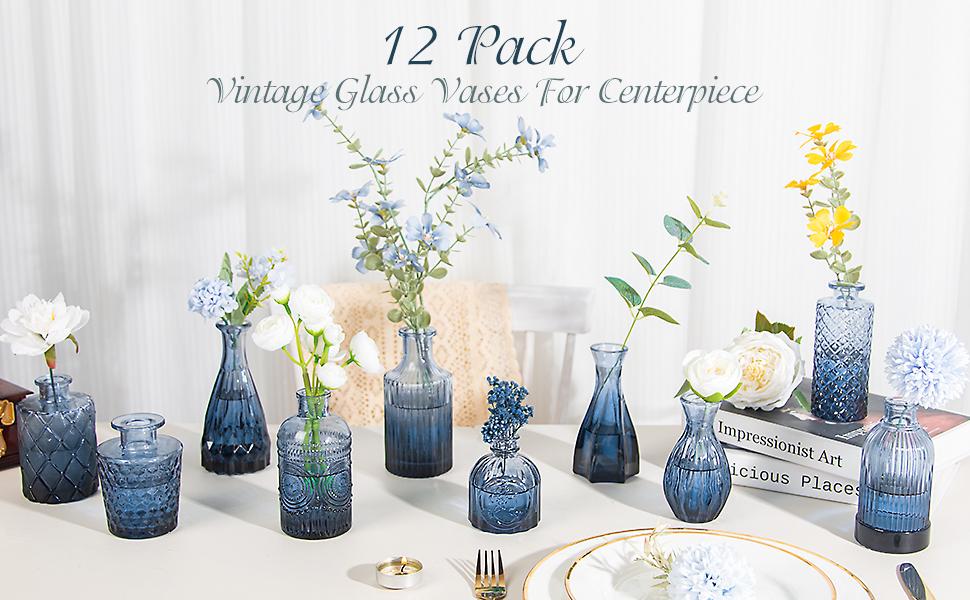 12Pcs Blue Glass Bud Vases Set, Small Vases for, for Centerpieces at Parties, Showers, Weddings, Events, Graduation Season, Gifts for Office & Home Décor