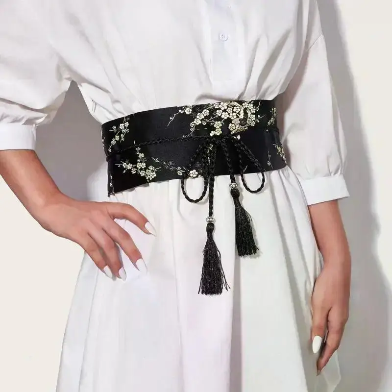 Vintage Floral Embroidered Waistband For Women Elegant Chinese Style Bow Tie Wrap Around Belt With Tassels For Dress Clothing