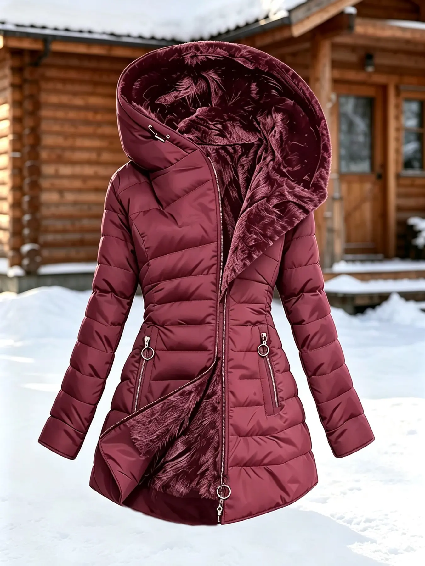 Women's Fleece Lined Hooded Warm Jacket, Mid-Length Slim Fit, Full Zipper Design, Zip Pockets, Fall Winter Casual Outerwear