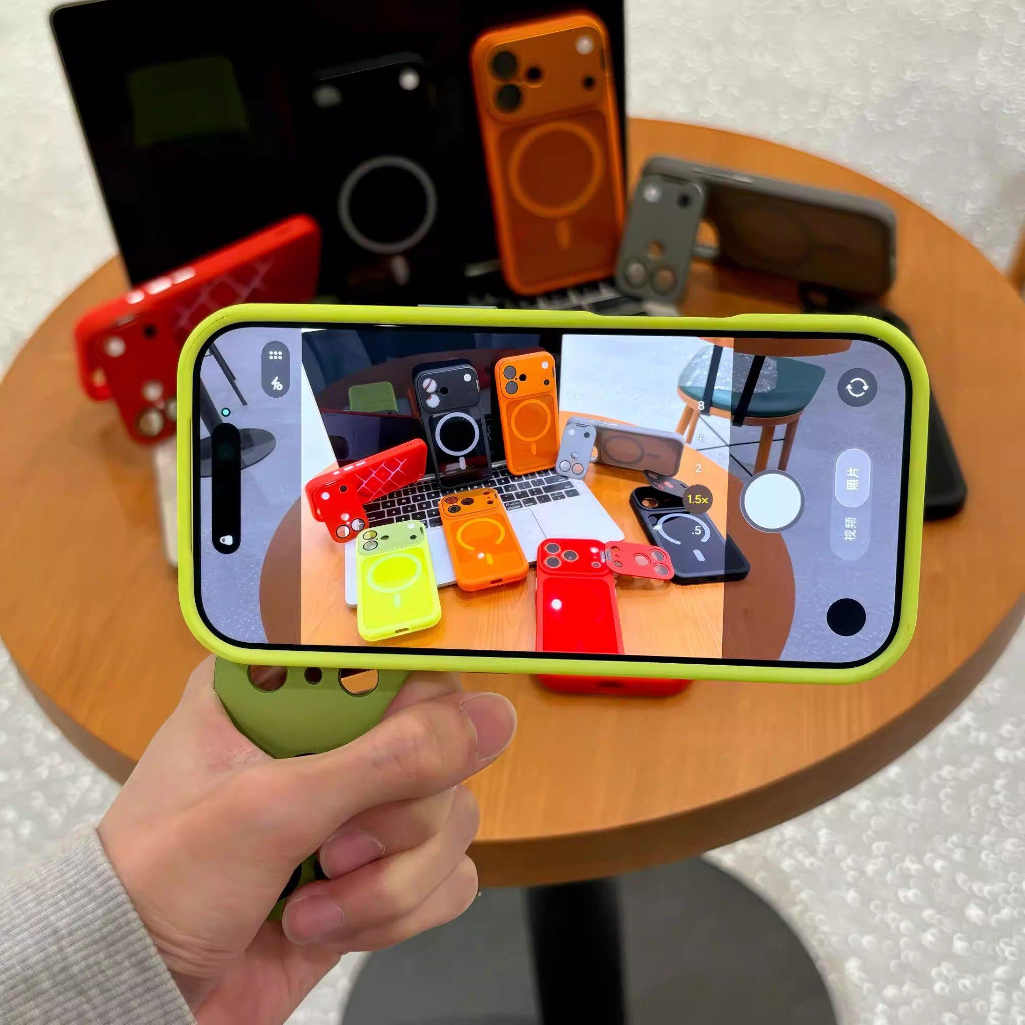 With Stand Magnetic Phone Case for iPhone17/16/15/14/13/12 Pro Max Lens Full Cover 17 Pro Silicone Case 16 Pro Max Handheld Shooting