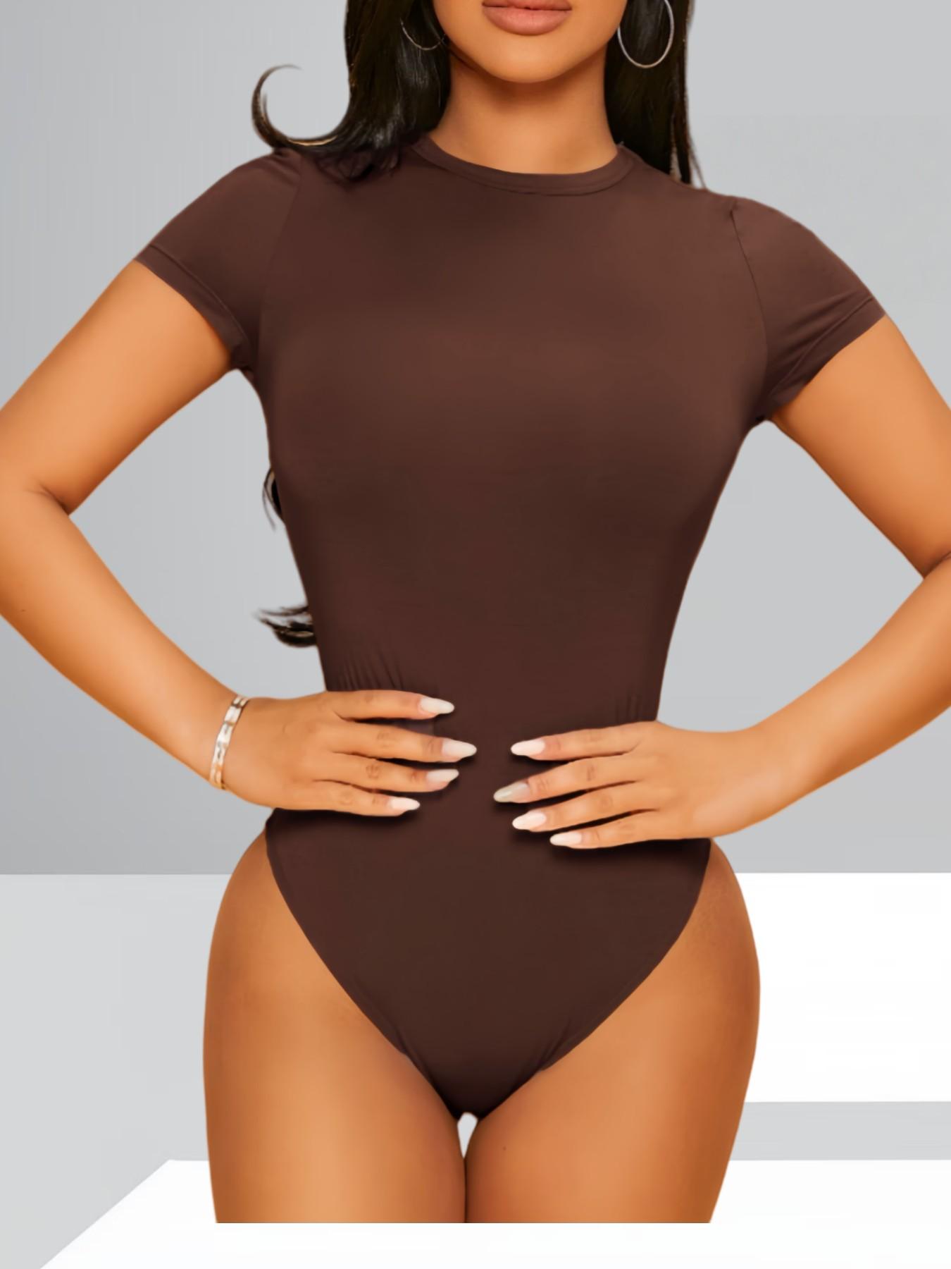 Women's Plain Round Neck Short Sleeve Jumpsuit, Slim-Fitting High Stretch Comfortable Bodysuit, Versatile Office Date Wear