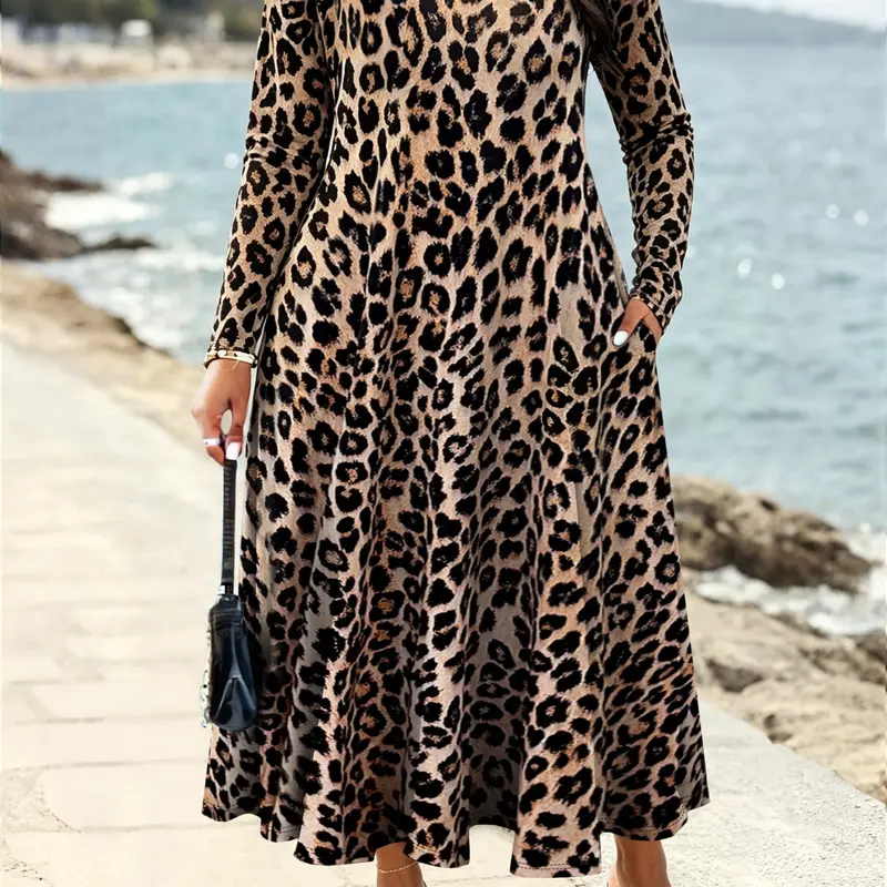 Autumn Women's Plus Size Leopard Print Long Dress, Long Sleeve Round Neck Loose A-Line Maxi Dress, Side Pockets Vacation Dress Chic