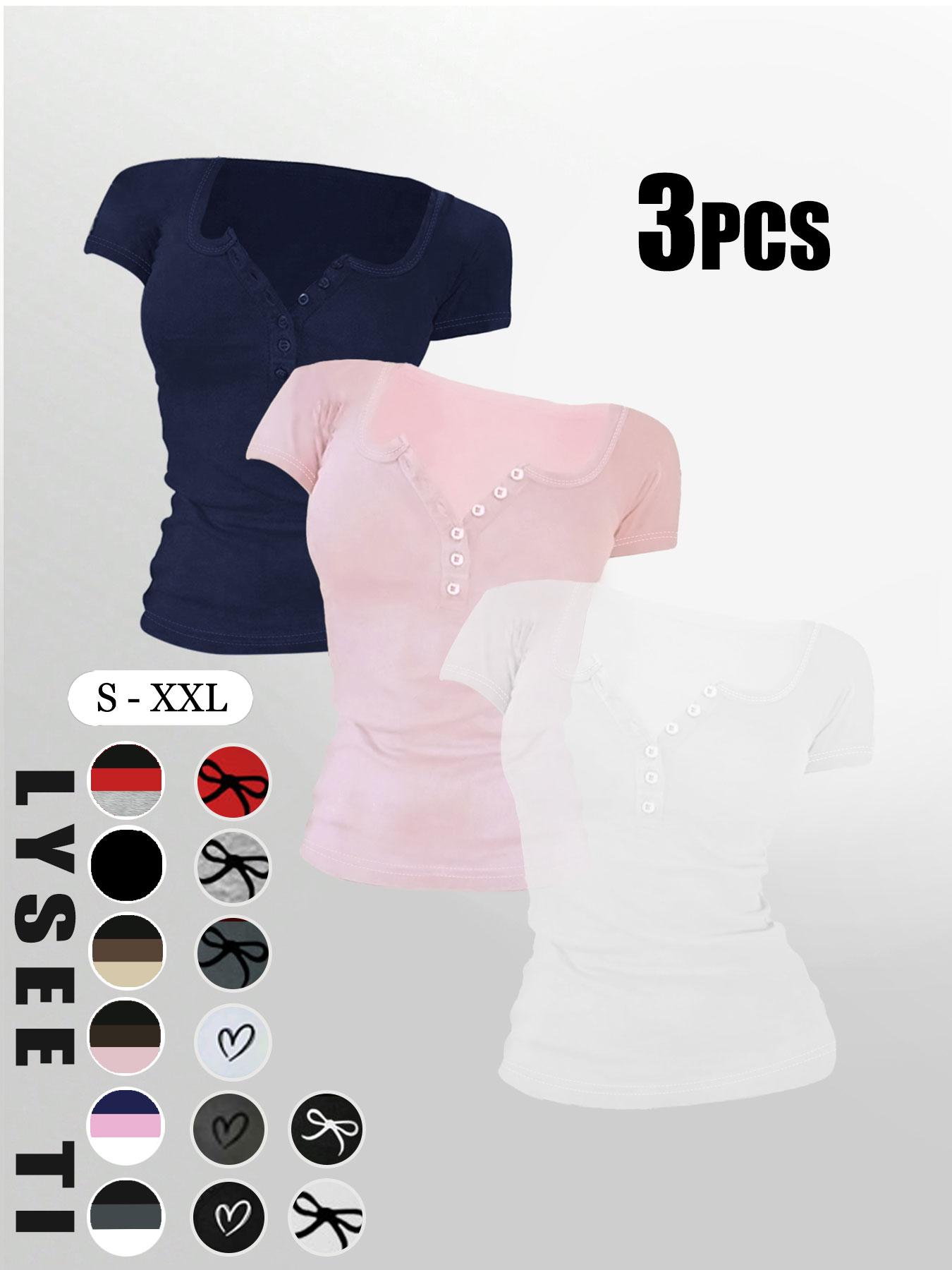 Women's Solid Button Round Neck Tee, Casual Short Sleeve Fitted T-shirt for Daily Wear, Ladies Clothes for All Seasons